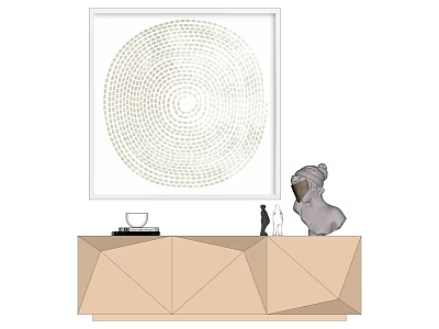 Modern Decorative Circular Painting On Geometric Side Cabinet With Animal Figurines Cup And Books 3d model