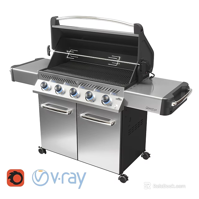 Stainless Steel Outdoor Grill With Multiple Knobs Cabinet Doors And Wheels 3d model 