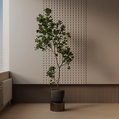 Indoor Potted Plant With Lush Green Leaves Placed By Window Against Perforated Wall And Wooden Trim 3d model