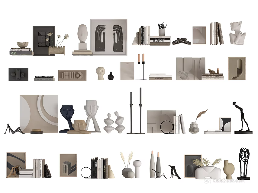 Modern Decorative Ornament Set With Sculptures Vases Books Frames And Candle Holders 3d model 