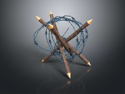 Primitive Weapon Made Of Crossed Wooden Sticks With Yellow Tips And Blue Barbed Wire 3d model