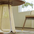 Modern Dining Table Set with Four Chairs Woven Pendant Light Potted Plant and Arched Window