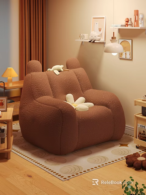 Cozy Brown Unique-shaped Sofa With Plush Material And Stuffed Toys In Warm Room 3d model 