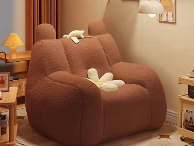 Cozy Brown Unique-shaped Sofa With Plush Material And Stuffed Toys In Warm Room 3d model