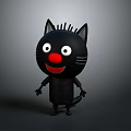 Cute Black Cartoon Cat With Big White Eyes Red Nose And Gray Background