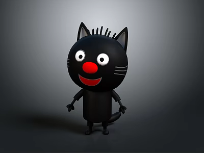 Cute Black Cartoon Cat With Big White Eyes Red Nose And Gray Background 3d model