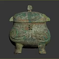 Animal Decorated Ancient Bronze Ritual Vessel With Green Patina And Intricate Design