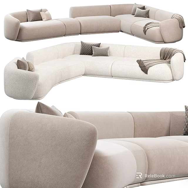Modern Beige Sectional Sofa With Curved Design Accent Pillows And Cozy Upholstery For Living Room 3d model 