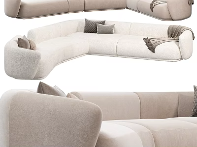 Modern Beige Sectional Sofa With Curved Design Accent Pillows And Cozy Upholstery For Living Room 3d model
