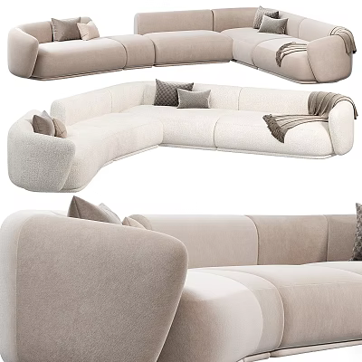 Modern Beige Sectional Sofa With Curved Design Accent Pillows And Cozy Upholstery For Living Room 3d model