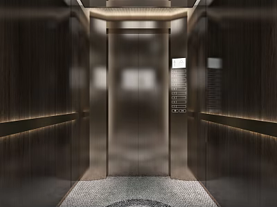 Elegant Modern Elevator Interior Design With Metal Doors And Wooden Panel Walls 3d model