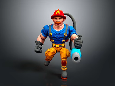 Cartoon Firefighter Character With Red Helmet Flame Logo Yellow Pants And Blue Water Gun 3d model