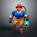 Cartoon Firefighter Character With Red Helmet Flame Logo Yellow Pants And Blue Water Gun