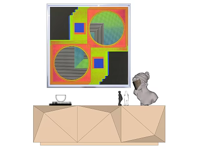 Modern Interior Decor With Geometric Cabinet Abstract Painting And Figurines 3d model