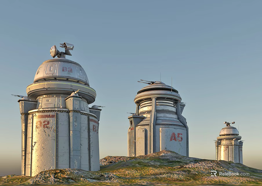 AR Marked Metal Weapon Towers With Defense Systems On Grassy Hillside 3d model 