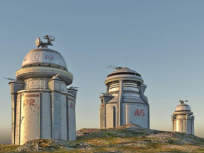 AR Marked Metal Weapon Towers With Defense Systems On Grassy Hillside 3d model
