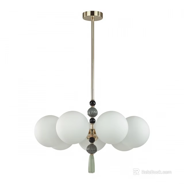 Modern Hanging Chandelier Featuring White Spherical Globes Black and Gold Decorative Beads and Metal Rod 3d model 