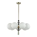 Modern Hanging Chandelier Featuring White Spherical Globes Black and Gold Decorative Beads and Metal Rod
