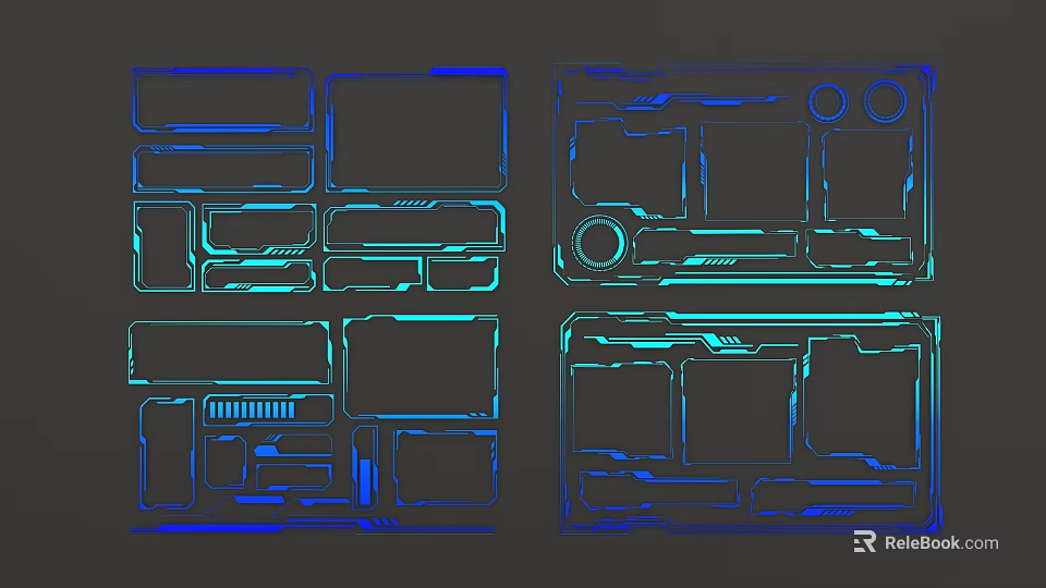 Blue Lined Tech Interface Featuring Rectangular And Circular Elements In Symmetric Layout 3d model 