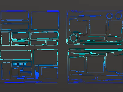 Blue Lined Tech Interface Featuring Rectangular And Circular Elements In Symmetric Layout 3d model
