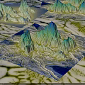 Dreamy Fantasy Landscape Featuring Jagged Mountain Peaks in Blue Green Tones and Winding Rivers