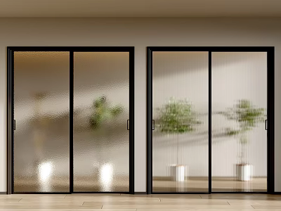Indoor Sliding Doors With Glass Panels And Black Frames Behind Plants On Wooden Floor 3d model