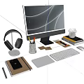 Modern Desktop Workspace With Monitor Headphones Keyboard And Office Supplies
