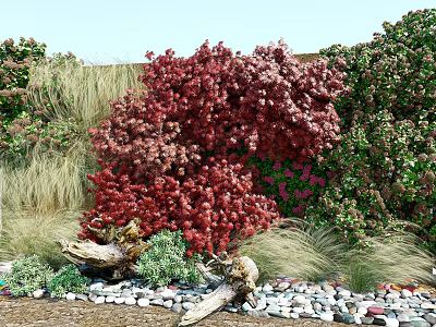 Green Wall Decorated With Red Shrubs Green Plants Stones And Wood Logs 3d model