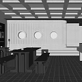 Café Interior Featuring Grid Skylights Circular Windows Decorative Painting Tables Benches And Bar Counter