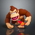 Smiling Cartoon Gorilla Holding Red Object With Yellow DK Logo On Gray Background With Reflection 3d model