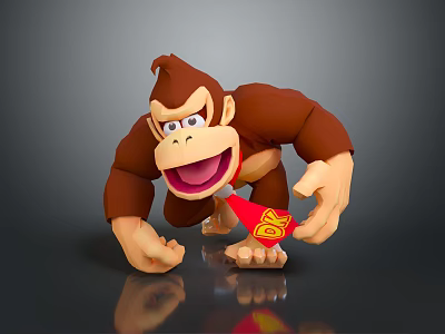 Smiling Cartoon Gorilla Holding Red Object With Yellow DK Logo On Gray Background With Reflection 3d model