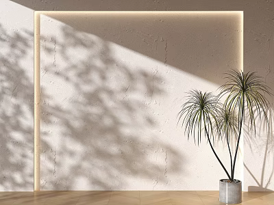 Warm Textured Wall With Light Shadow And Green Plant Next To Wooden Floor 3d model