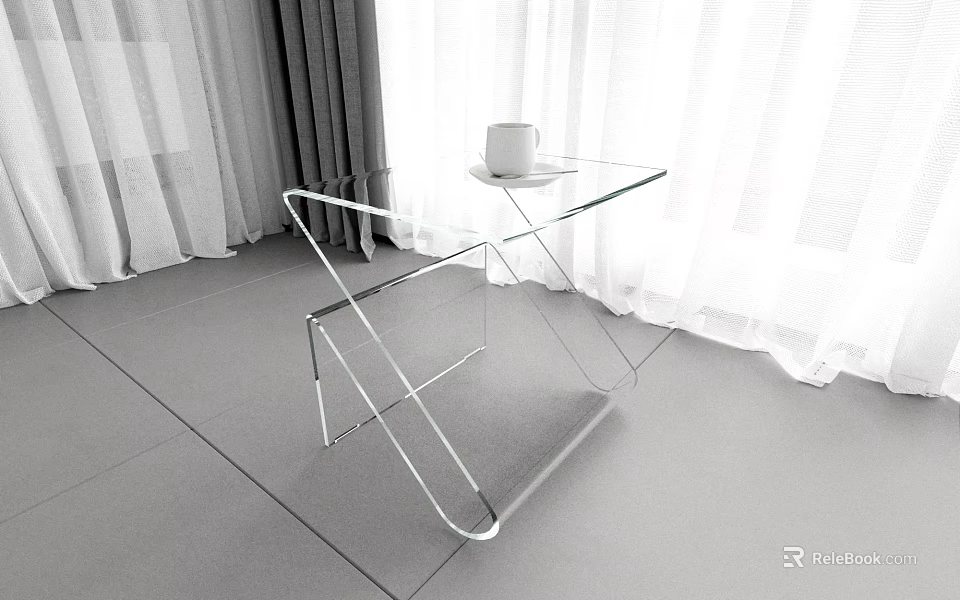 Modern Geometric Glass Coffee Table with White Cup and Saucer on Top Surface 3d model 