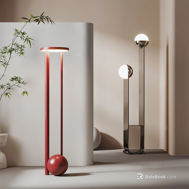Modern Minimalist Floor Lamps With Red And Silver Slim Stands Round Lampshades For Interior Decor 3d model 