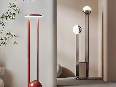 Modern Minimalist Floor Lamps With Red And Silver Slim Stands Round Lampshades For Interior Decor 3d model