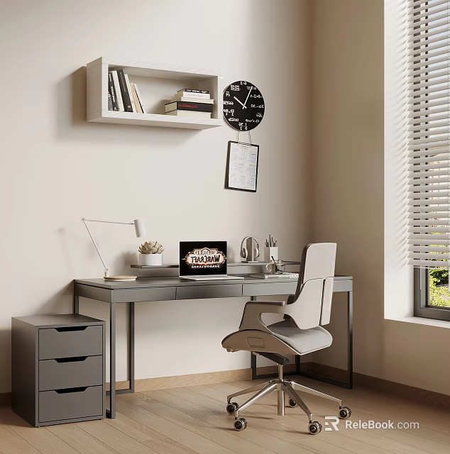 Modern Home Office Interior With Gray Desk Chair Shelf Laptop And Lamp 3d model 