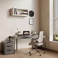 Modern Home Office Interior With Gray Desk Chair Shelf Laptop And Lamp