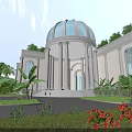 European-style Architecture With Glass Dome White Columns Surrounding Palm Trees Red Flowers And Blue Sky