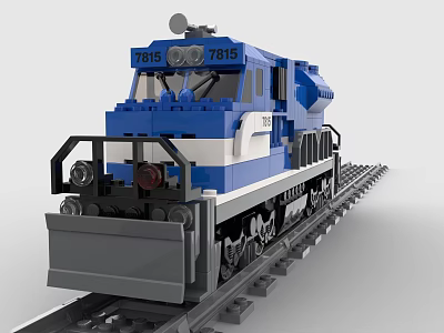 Detailed Blue Building Blocks Locomotive With Number 7815 On Tracks 3d model