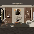 Elegant Living Room Interior with Ornate Ceiling Chandelier Fireplace Sofa Armchairs And Decor Shelves