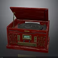 Red Record Player With Open Lid Vinyl Record Turntable Digital Display And Decorative Patterns