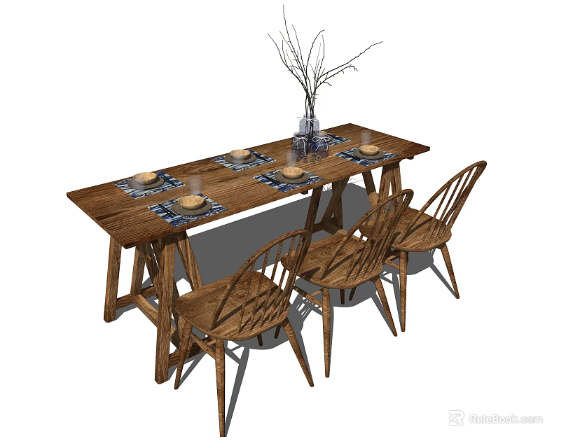Natural Wooden Dining Table Set With Four Chairs Placemats And Dried Branch Vase 3d model 