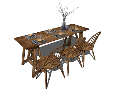 Natural Wooden Dining Table Set With Four Chairs Placemats And Dried Branch Vase 3d model