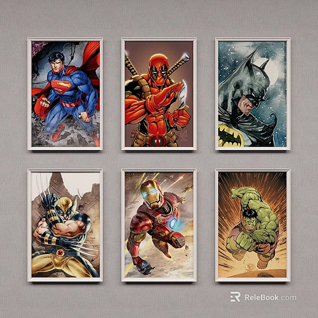 Framed Superhero Posters Featuring Iconic Characters Like Superman Batman And Hulk 3d model