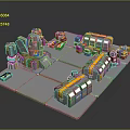 3D Industrial Machinery Model With Metal Structures Pipes And Yellow Accents On Square Platform