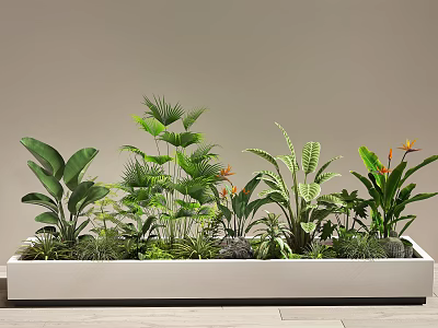Garden Landscape With White Planter Box Various Green Plants Different Shaped Leaves And Orange Flowers 3d model