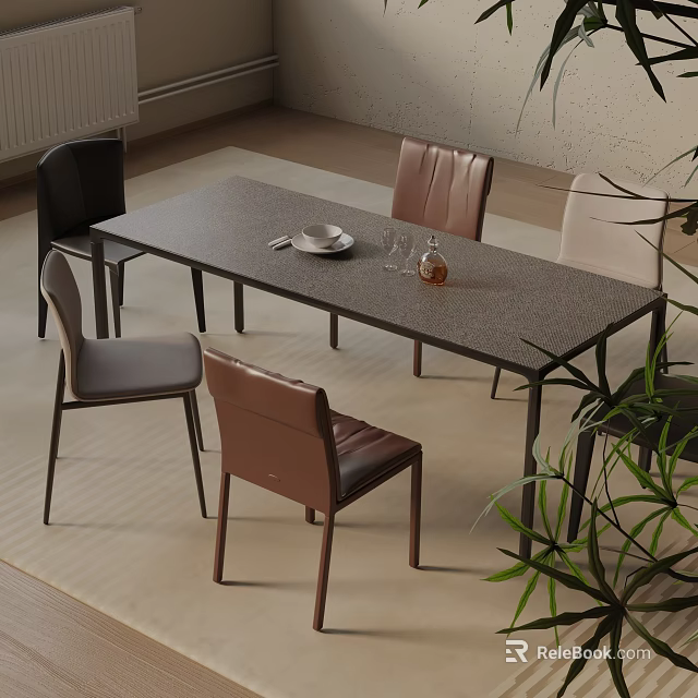 Modern Dining Table Set With Gray Tabletop Black Legs And Leather Chairs In Home Interior 3d model 
