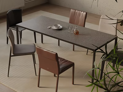 Modern Dining Table Set With Gray Tabletop Black Legs And Leather Chairs In Home Interior 3d model