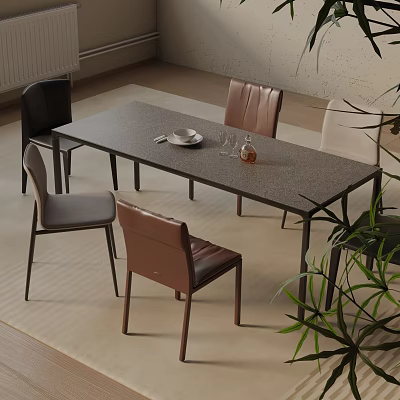 Modern Dining Table Set With Gray Tabletop Black Legs And Leather Chairs In Home Interior 3d model