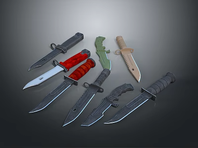 Multiple Weapon Knives With Various Handle Colors And Unique Blade Designs For Collection And 3d model